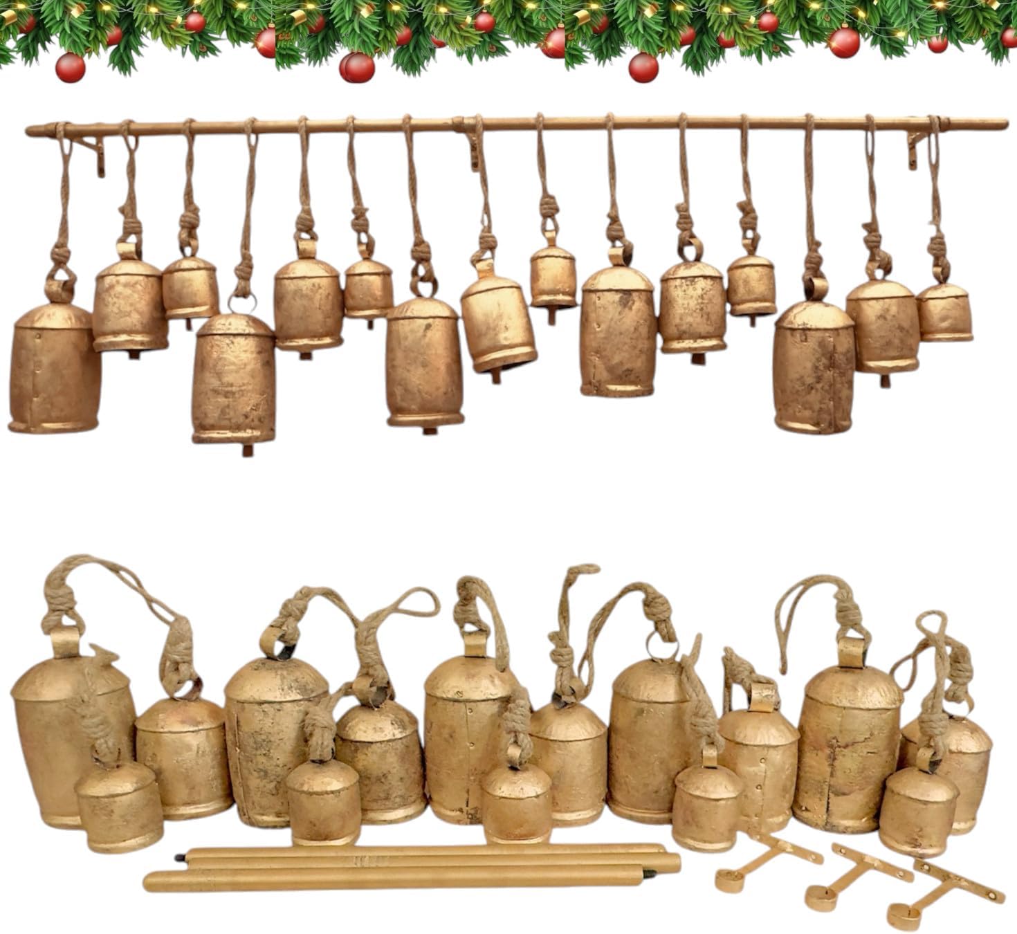 Christmas Stocking Hanging - RW素朴な巨大クリスマスベル - 15個セット ヴィンテージスタイル ハーモニーシャビーシックベル 吊り下げ棒付き