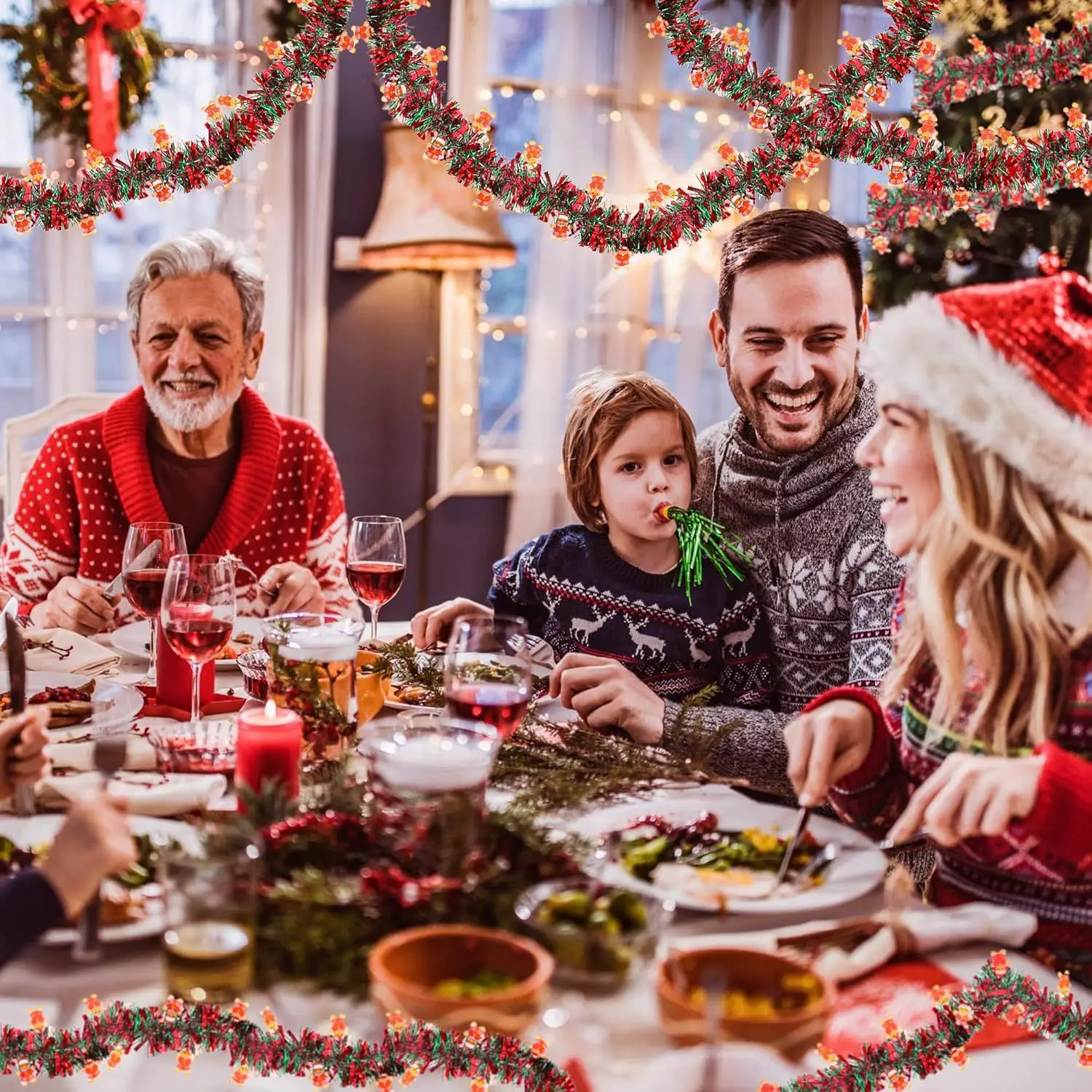 クリスマスツリー、暖炉、ホームパーティー用の、サンタクロース - Tinsel Garland Decoration のレビューと価格
